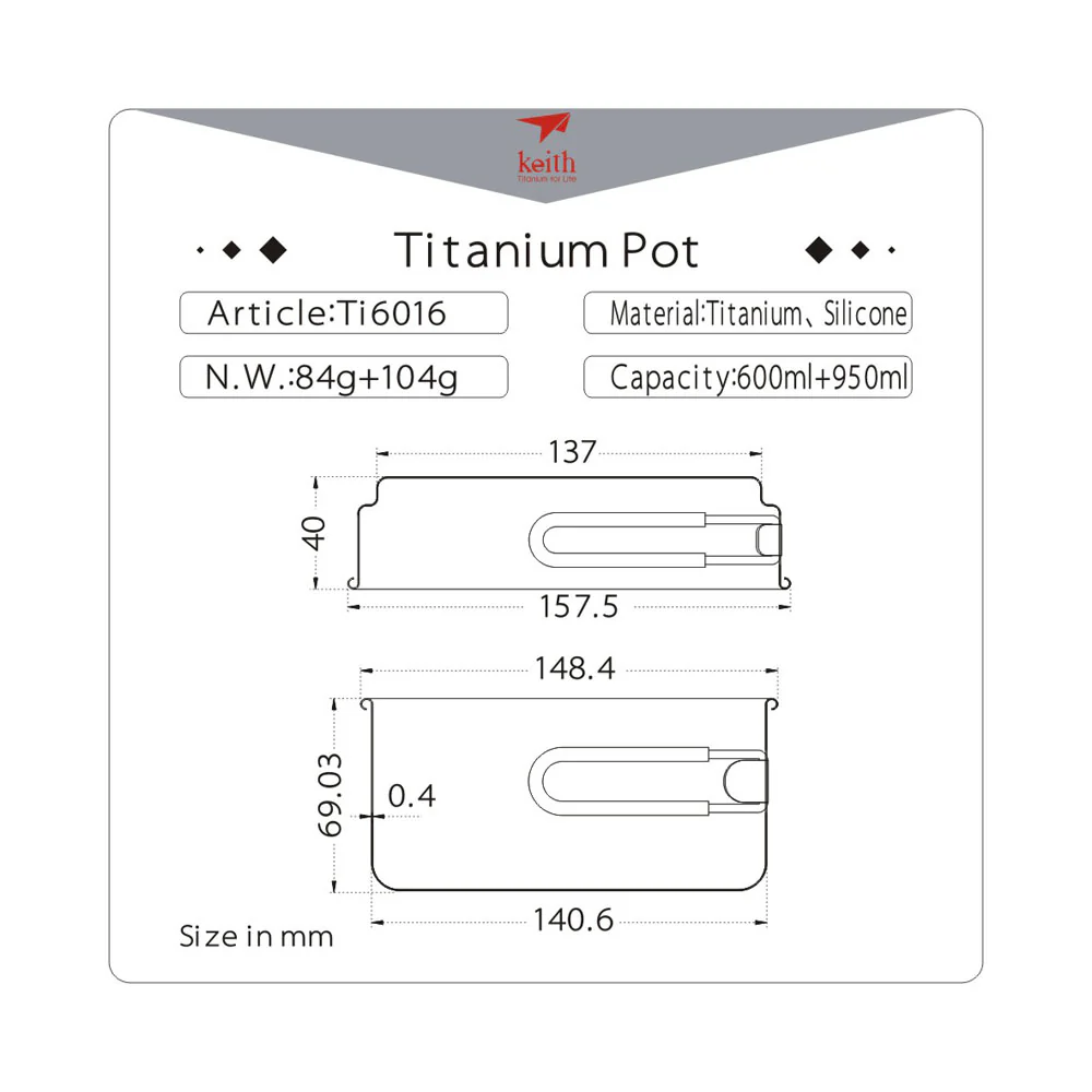 Keith 2 Piece Titanium Pot and Pan Cookset 950ml + 600ml - Image 10